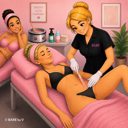 Friend supporting a client during a professional waxing appointment at Bare By V Rochester NY